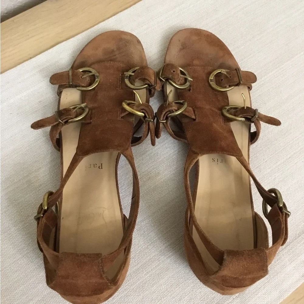 Christian Louboutin Brown Suede Strappy Flat Sandals with Gold Buckles